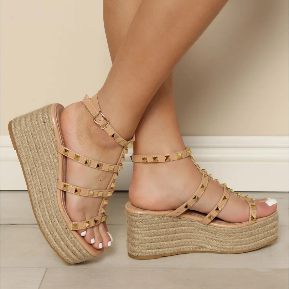 Olivia Miller Nude Tan Studded Espadrille Wedge Sandals
